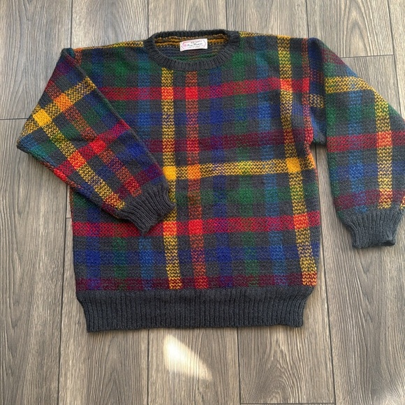 Vintage Sweaters - Vintage hand knit Tartan knit sweater by Bay Flower Knitting Co.,LTD oversized